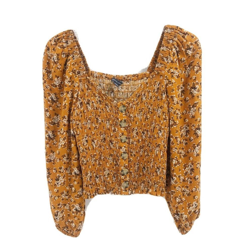 American Eagle Floral Crop Top Smocked Buttons S